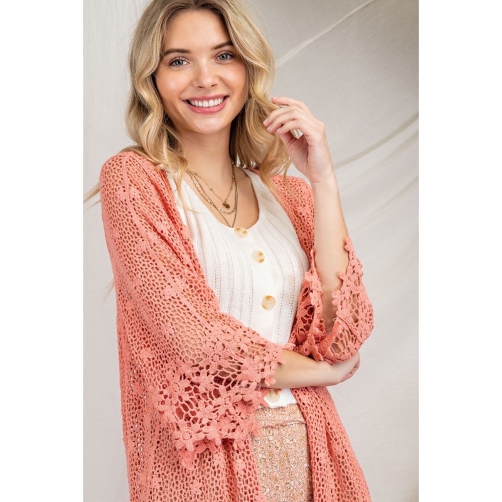 143 Story Coral Floral Crochet Open Front Cardigan - Picture 4 of 5